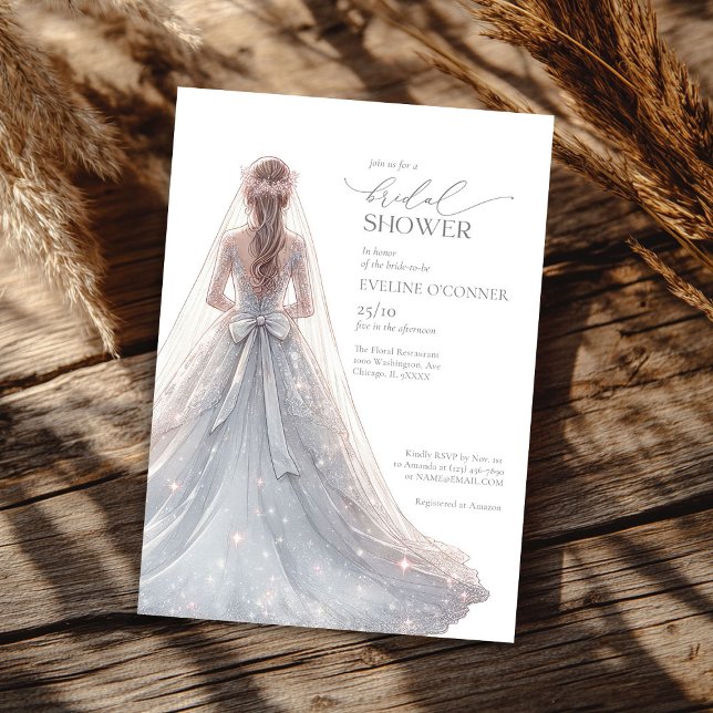 Convite Grelha de prata picante faíscas de vestido (Chic silver glitter wedding gown sparkles invitation)
