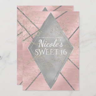 Convite Grelha de Prata Rosa Glam Sweet 16 QUALQUER Festa 