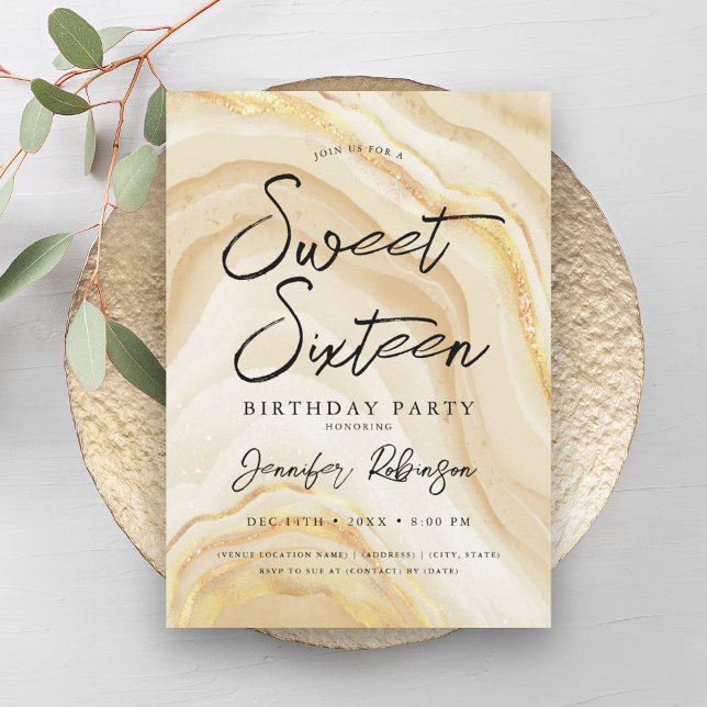 Convite Grelha Glica Glitter Dourada Elegante Glam Sweet 1 (Elegant Gold Glitter Chic Marble Glam Sweet 16 Invitation)