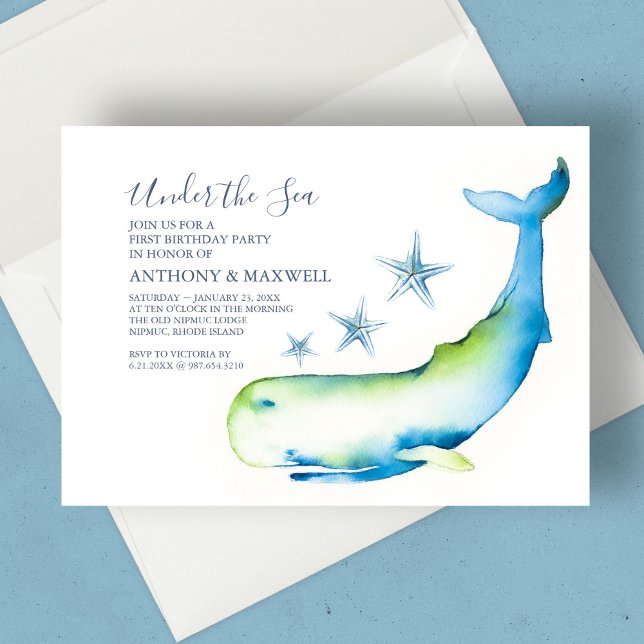 Convite Grelha primeiro aniversario Aquarela (1st birthday twins under the sea watercolor whale and starfish nautical blue)