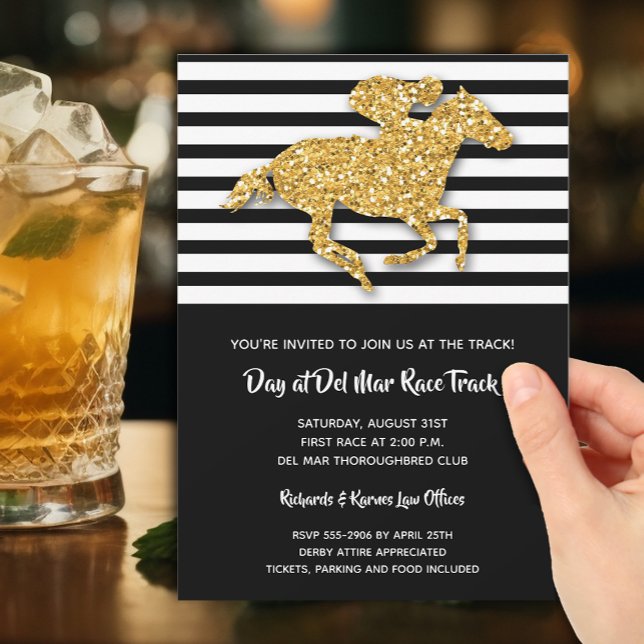 Convite Greve Negra e Corrida Dourada de Cavalos com Largu (Gold racehorse on black and white stripes party invitations - PRINTED and/or INSTANT DOWNLOAD)