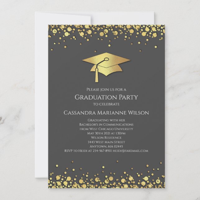 Convite Grey and Gold Graduation (Frente)