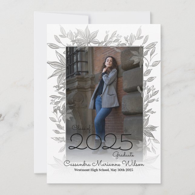 Convite Grey Botanical Photo Graduation Announcement (Frente)