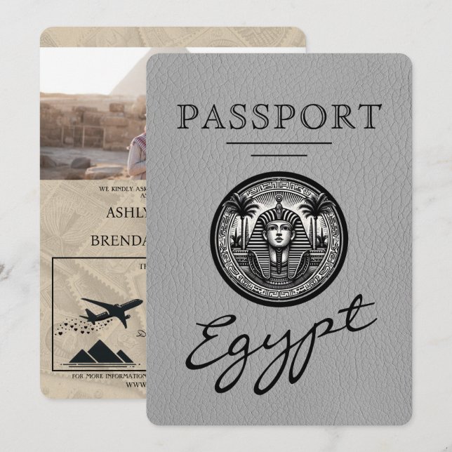 Convite Grey Egypt Passport Wedding Invitation (Frente/Verso)
