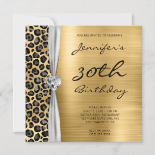 Convite Grey Gold Leopard Foil Fita de Gema para Aniversár