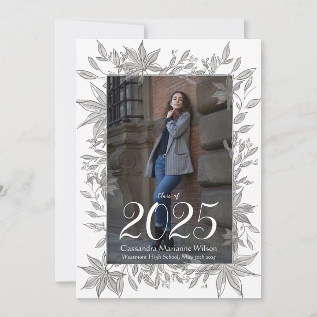 Convite Grey Leaves Photo Graduation Announcement (Frente)