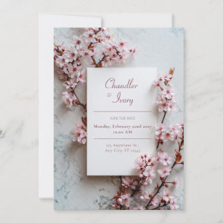 Convite Grey Marble Pink Sakura Botanical Frame Wedding