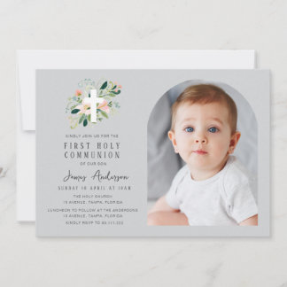 Convite Grey photo arch first holy communion invitation