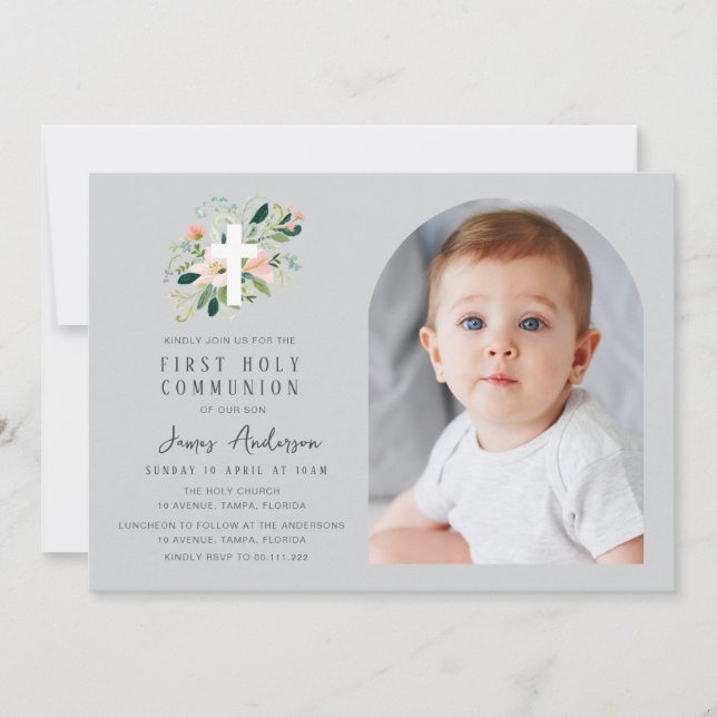 Convite Grey photo arch first holy communion invitation (Frente)