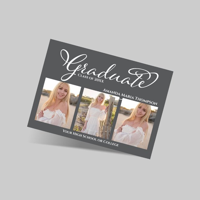 Convite Grey Script 3 Photo Graduation Announcement (Elegant grey three photo graduation announcement with script graduate text and senior portraits.)