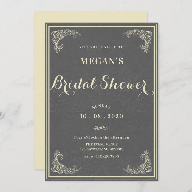 Convite Grey vintage elegant baby shower  (Frente/Verso)