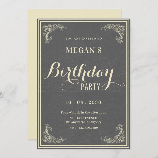 Convite Grey vintage elegant birthday  (Frente/Verso)