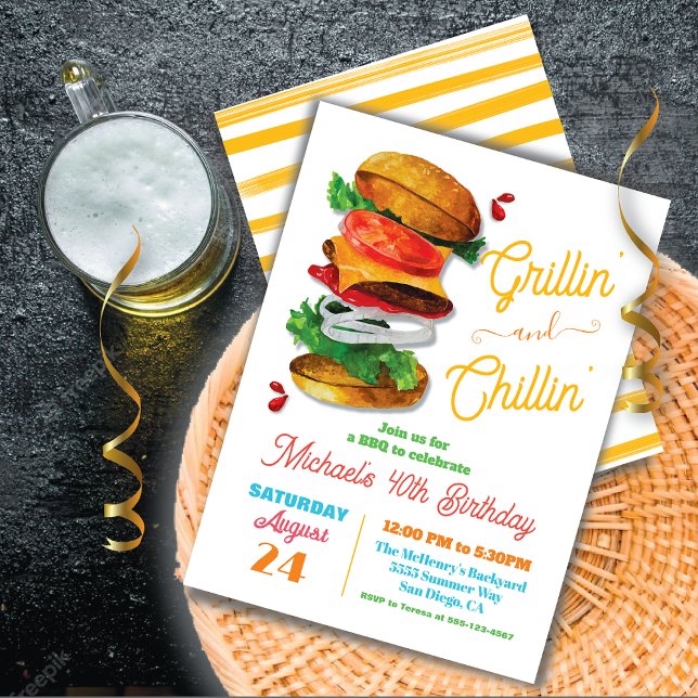 Convite Grillin e Chillin CHURRASCO Hamburger Birthday (Criador carregado)