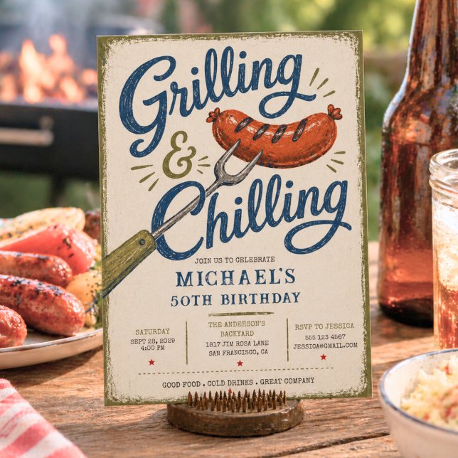 Convite Grilling & Chilling BBQ 50th Birthday (Grilling & Chilling BBQ 50th Birthday Invitation)