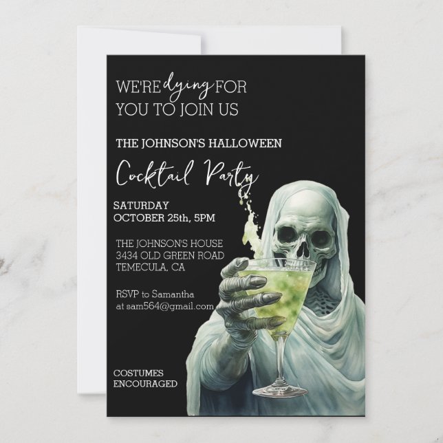 Convite Grim Reaper Cocktail Halloween Party Watercolor (Frente)