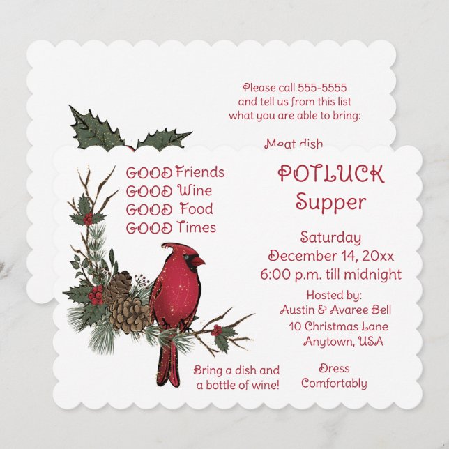 Convite Grinalda de Cardinal Vermelho Natal Jantar de Comi (Frente/Verso)