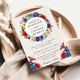 Convite Grinalda de casamento de flores vermelhas e azuis 