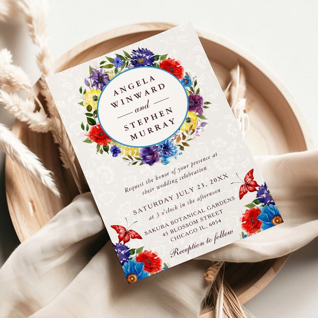 Convite Grinalda de casamento de flores vermelhas e azuis  (Criador carregado)