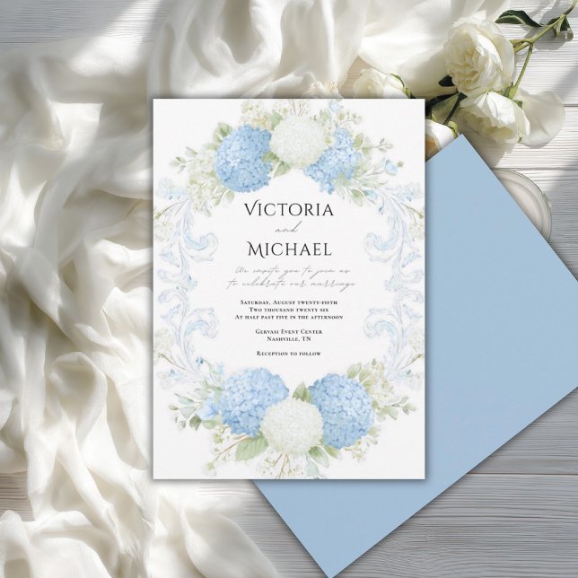 Convite Grinalda de casamento de Hortênsia Azul Branco Ele (Criador carregado)