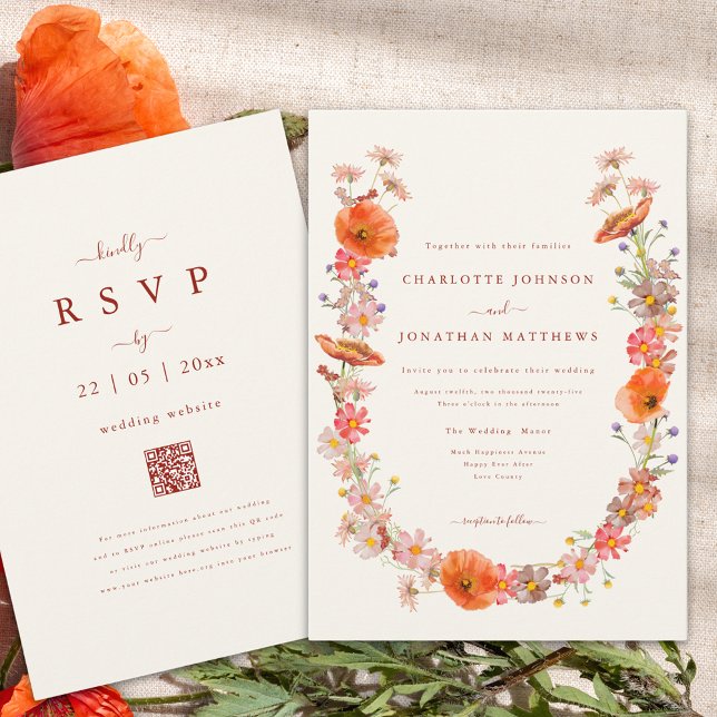 Convite Grinalda de Flores Silvestres Elegantes para Casam (boho wildflower wreath fall wedding invitation with elegant burnt orange script and qr code)