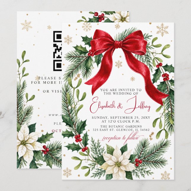 Convite Grinalda de Natal Floral com Laço Vermelho Código  (Frente/Verso)
