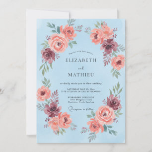 Convite Grinalda Floral Azul Celeste Casamento