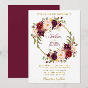 Convite Grinalda floral B Wedding Dourado de Borgonha da