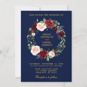 Convite Grinalda floral Borgonha B Wedding Dourado azul
