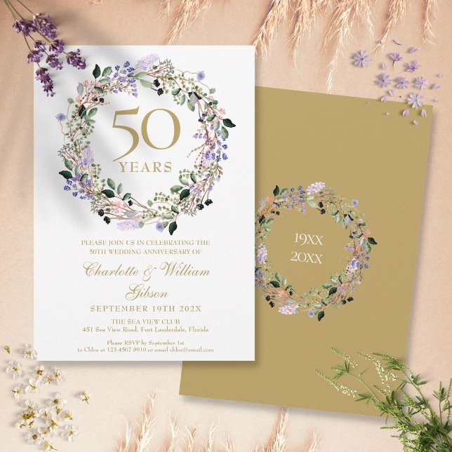 Convite Grinalda Floral de Lavanda para Aniversário de 50  (Lavender Floral Garland 50th Wedding Anniversary Invitation)