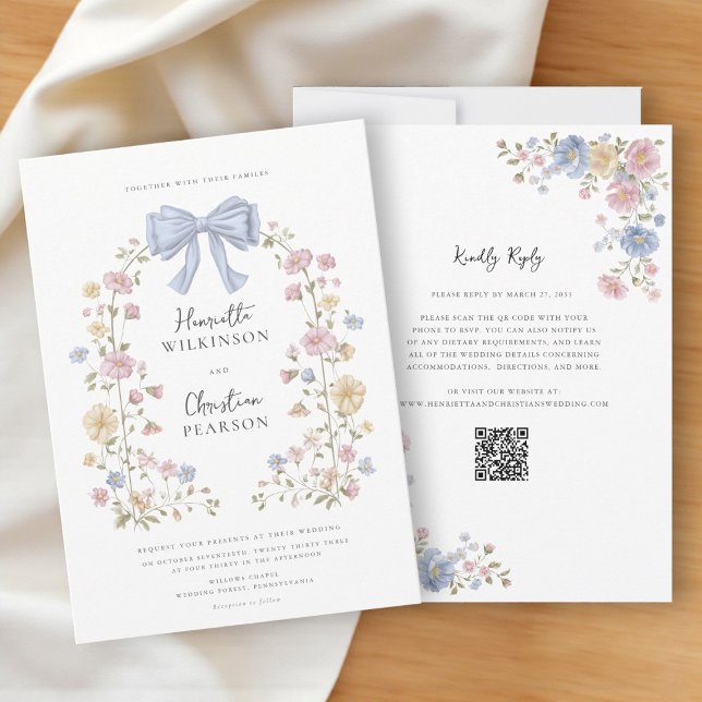 Convite Grinalda Floral Pastel Código QR Site de Casamento (Criador carregado)
