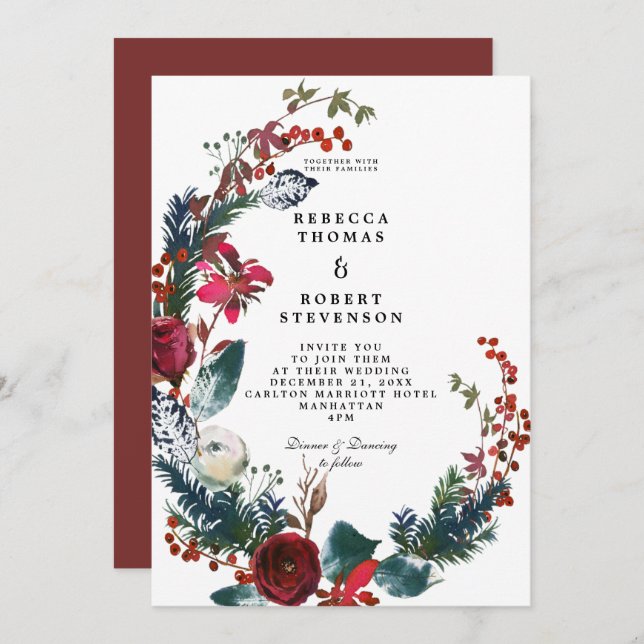 Convite grinalda floral vermelha do casamento no inverno (Frente/Verso)