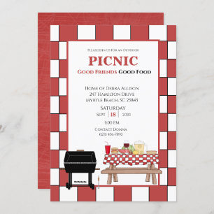 Convite Gripe CHURRASCO Picnic com Tablecloth Vermelho