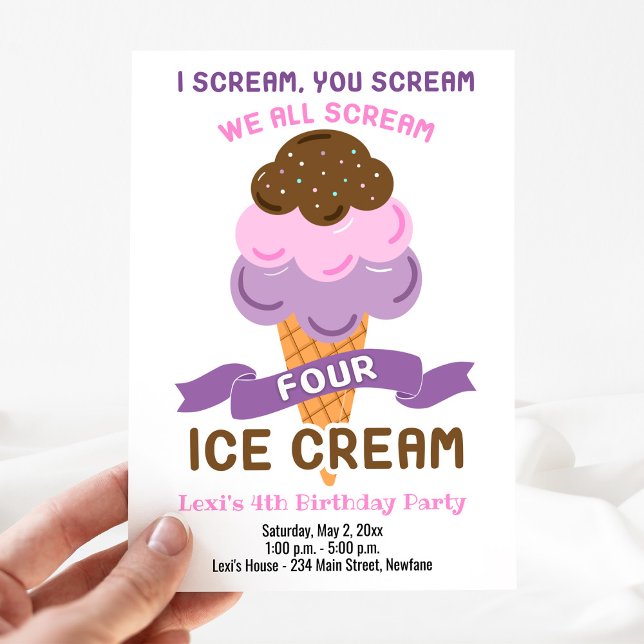 Convite Gritar 4 Garota Sorvete 4º Aniversário (Ice Cream Birthday Invitation for a 4-year old girl: We all scream FOUR ice cream)
