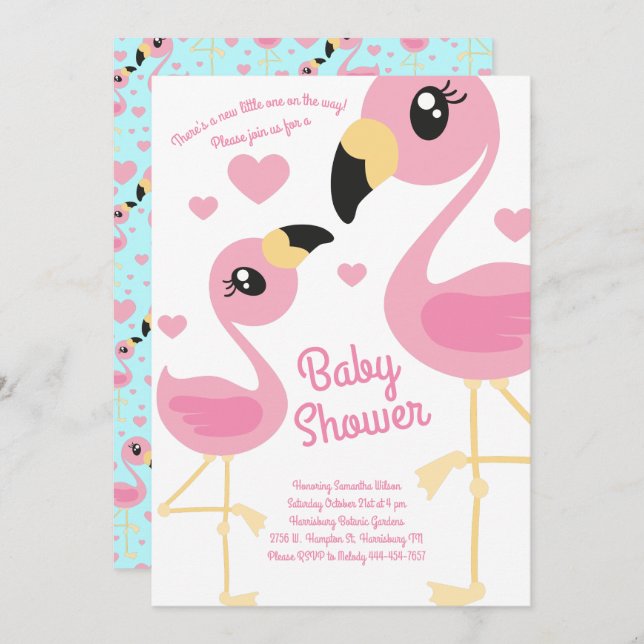 Convite Grito de praia tropical do Chá de fraldas Flamingo (Frente/Verso)