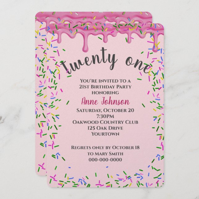 Convite Grito E Sprinkles Rosa aniversário de 21 anos (Frente/Verso)