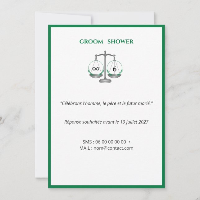 Convite Groom Shower  - Vert Émeraude et Gris Anthracite (Verso)