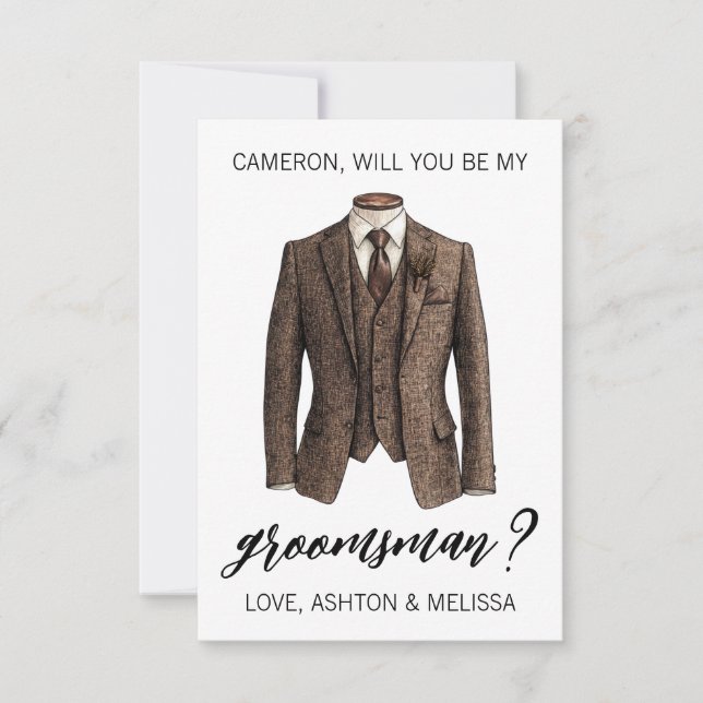 Convite Groomsman Proposal Card, Brown Tweed Suit Jacket (Frente)