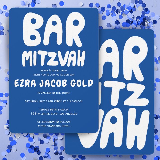 Convite Groovtering Handlettering Bar Personalizado Mitzva (Groovy Handlettering Custom Bar Mitzvah Blue White Invitation
)