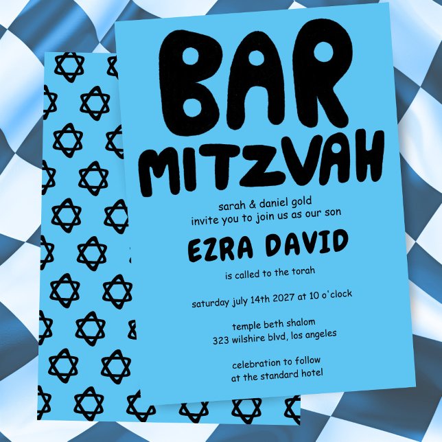 Convite Groovtering Handlettering BAR Personalizado Mitzva (Groovy Handlettering Custom BAR Mitzvah Bold Blue Stars Invitation
)
