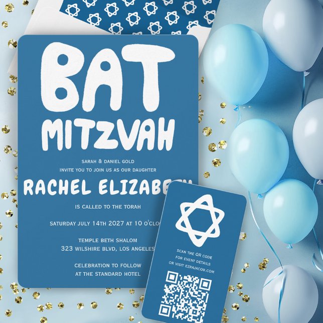 Convite Groovtering Handlettering Custom Bat Mitzvah Blue  (Groovy Handlettering Custom Bat Mitzvah Blue Stars Invitation
)