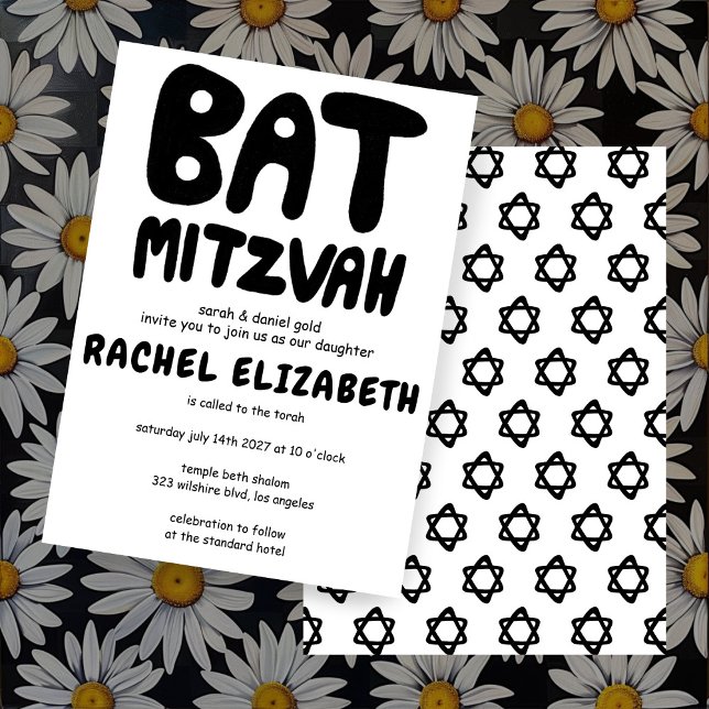 Convite Groovtering Handlettering Custom Bat Mitzvah Bold  (Groovy Handlettering Custom Bat Mitzvah Bold Black and White Stars Invitation
)
