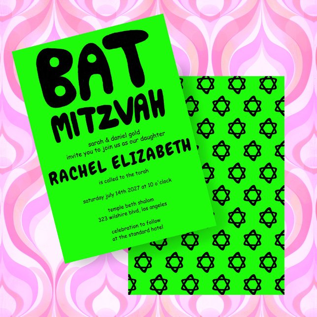 Convite Groovtering Handlettering Custom Bat Mitzvah Neon  (Groovy Handlettering Custom Bat Mitzvah Neon Green Brat Stars Invitation
)