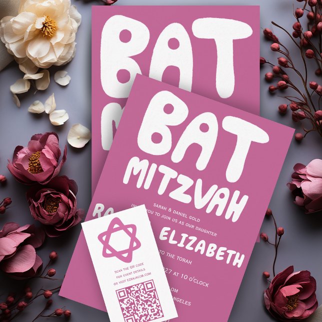 Convite Groovtering Handlettering Personalizado Bat Mitzva (Groovy Handlettering Custom Bat Mitzvah Pink Invitation
Collection)