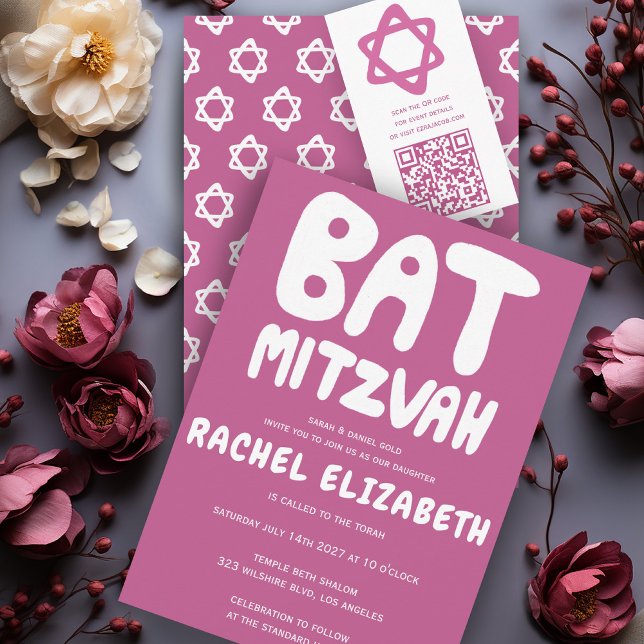 Convite Groovtering Handlettering Stars Rosa Mitzvah Perso (Groovy Handlettering Custom Bat Mitzvah Pink Stars Invitation
)
