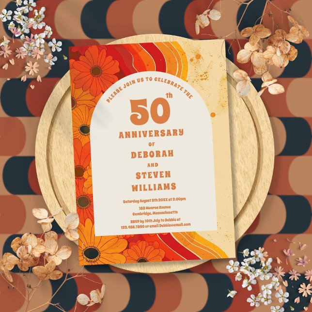 Convite Groovy 1970, 50º Aniversário de Casamento (Groovy 1970s 50th Wedding Anniversary Invitation)