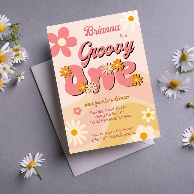Convite Groovy 1 retro Daisy primeira festa de aniversário (Groovy one vintage retro daisy first birthday party invitation template instant download boho daisy )