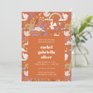 Convite Groovy 70s Retro Hippie Peace Orange Bat Mitzvah