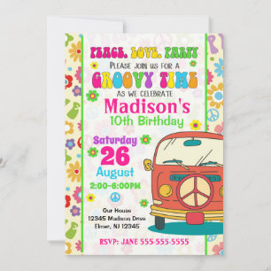 Convite Groovy 70s Themed Birthday Invitation/Hippie Van