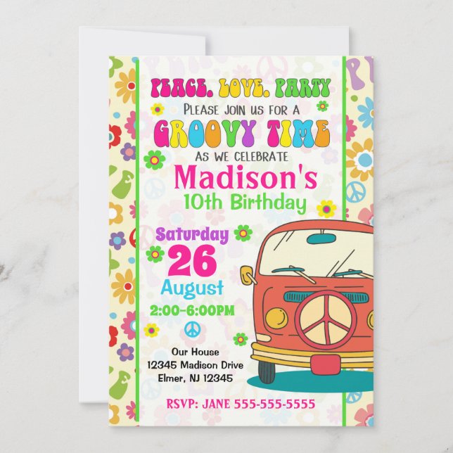 Convite Groovy 70s Themed Birthday Invitation/Hippie Van (Frente)