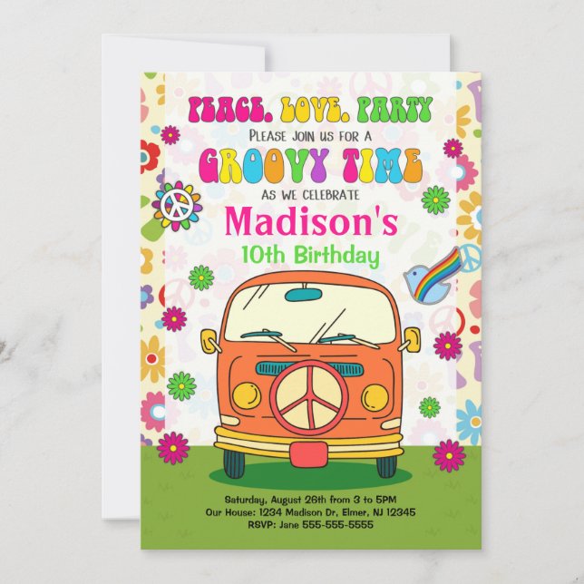 Convite Groovy 70s Themed Birthday Invitation/Hippie Van (Frente)